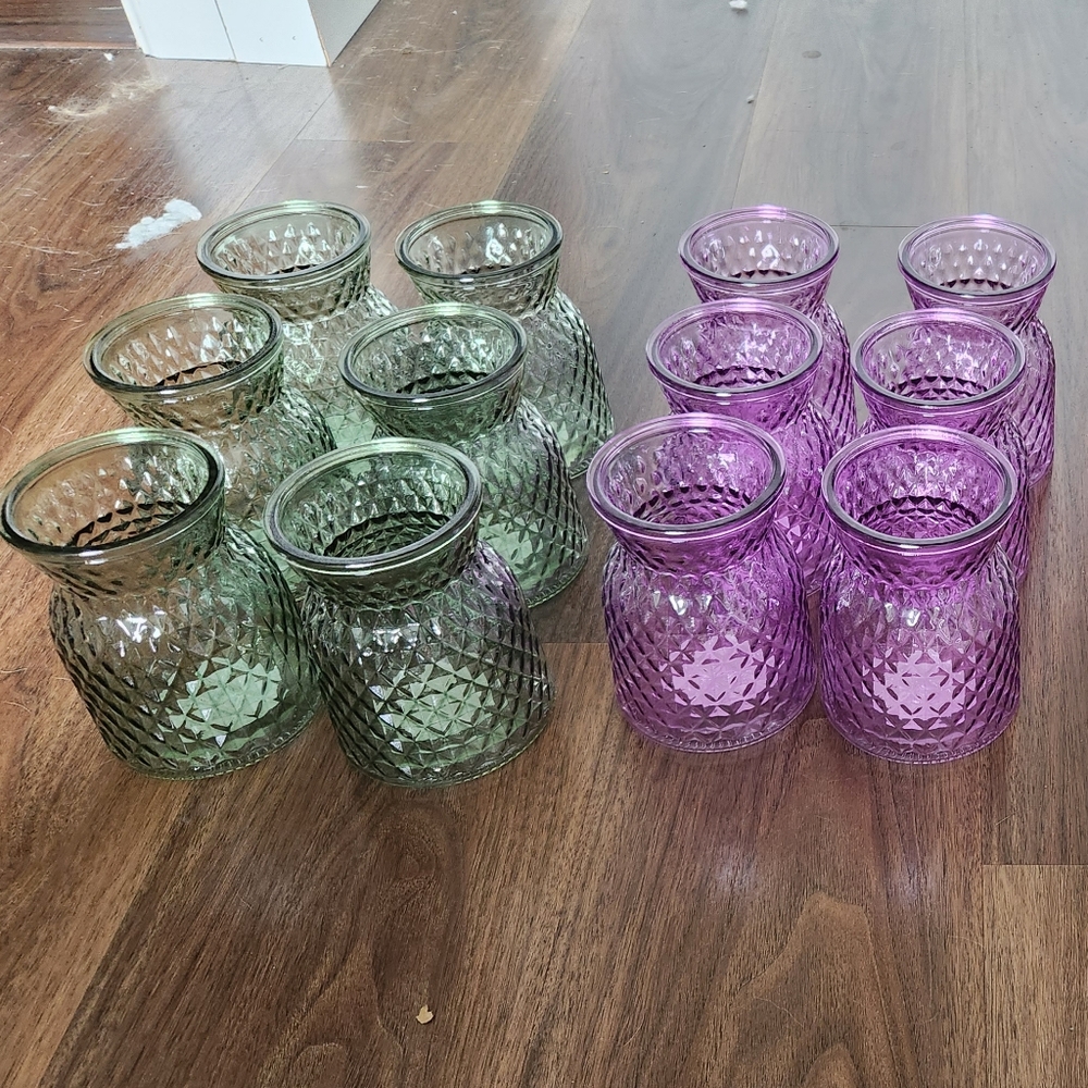 RESERVED Large Faceted Glass Bouquet Flower Vases, 5.25 in. PURPLE, BLUE GREEN
